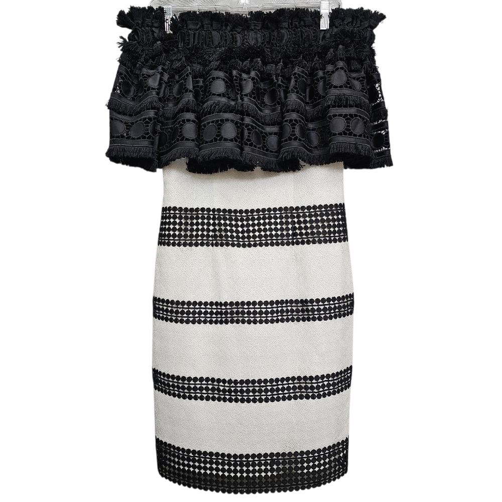 Nwot Badgley Mischka Black/White Off Shoulder Fringed Shortsleeve Ruffle Dress - Picture 3 of 17